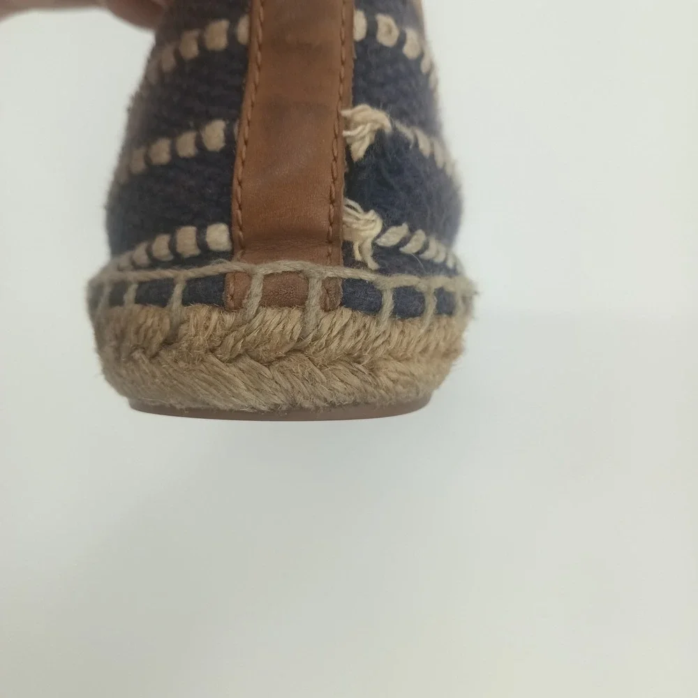 Tory Burch Navy Blue Canvas Woven Espadrille Flats Double T Logo Size 8